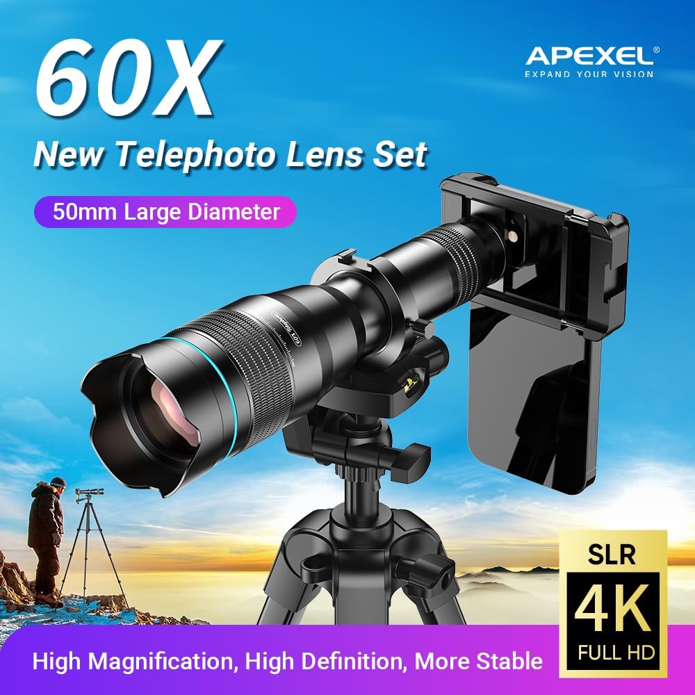 APEXEL High Power 60X HD Telephoto Lens with Extension Tripod and Bluetooth Shutter