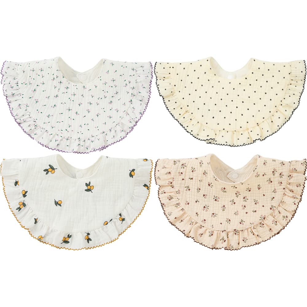SZJIAHTM 4 Pack Of baby Toddler Soft Cotton Vintage Flower Print Feeding Drooling Breathable Bibs Adjustable Snap Teething Bibs For boys Girls 0-18 Months