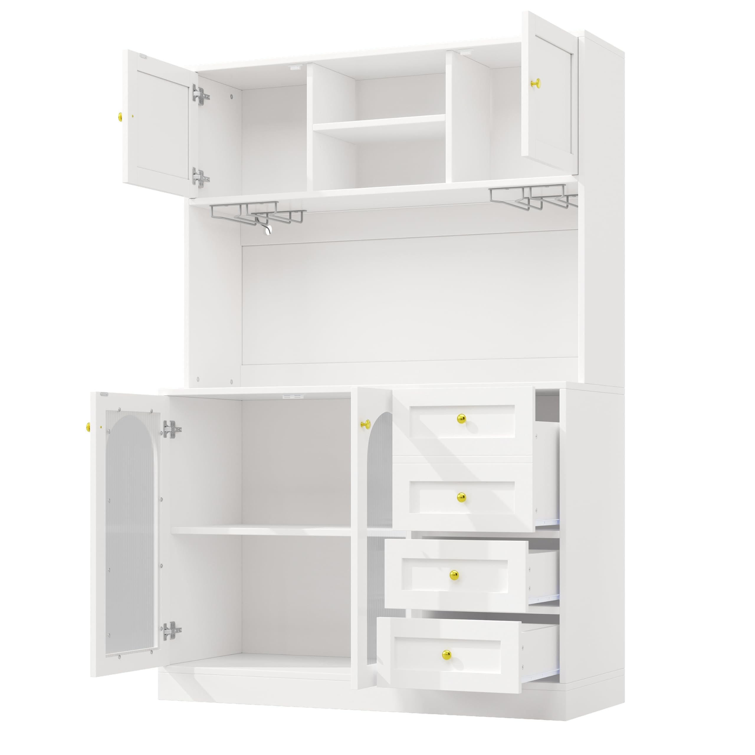 Seitenboard/Aufbewahrungsschrank/Küchenschrank/Buffetschrank, 120x40x188cm, 4 Türen, mit LED-Lichtleiste & Getränkehaltern, Weiß