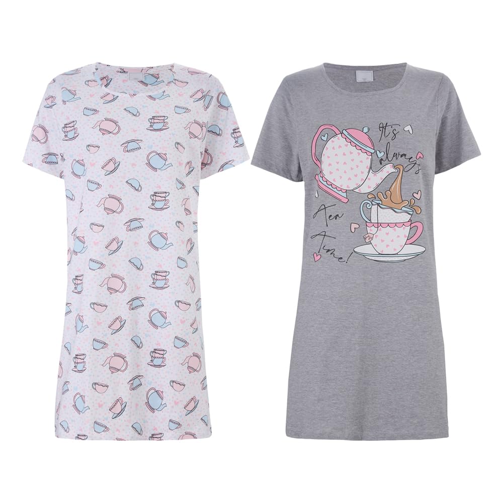 I-Smalls Women's Tea Time 100% Cotton Graphic Slogan Nightdress Short Sleeve Breathable & Lightweight Nighties - Pack Of 2 (Tea Time) M