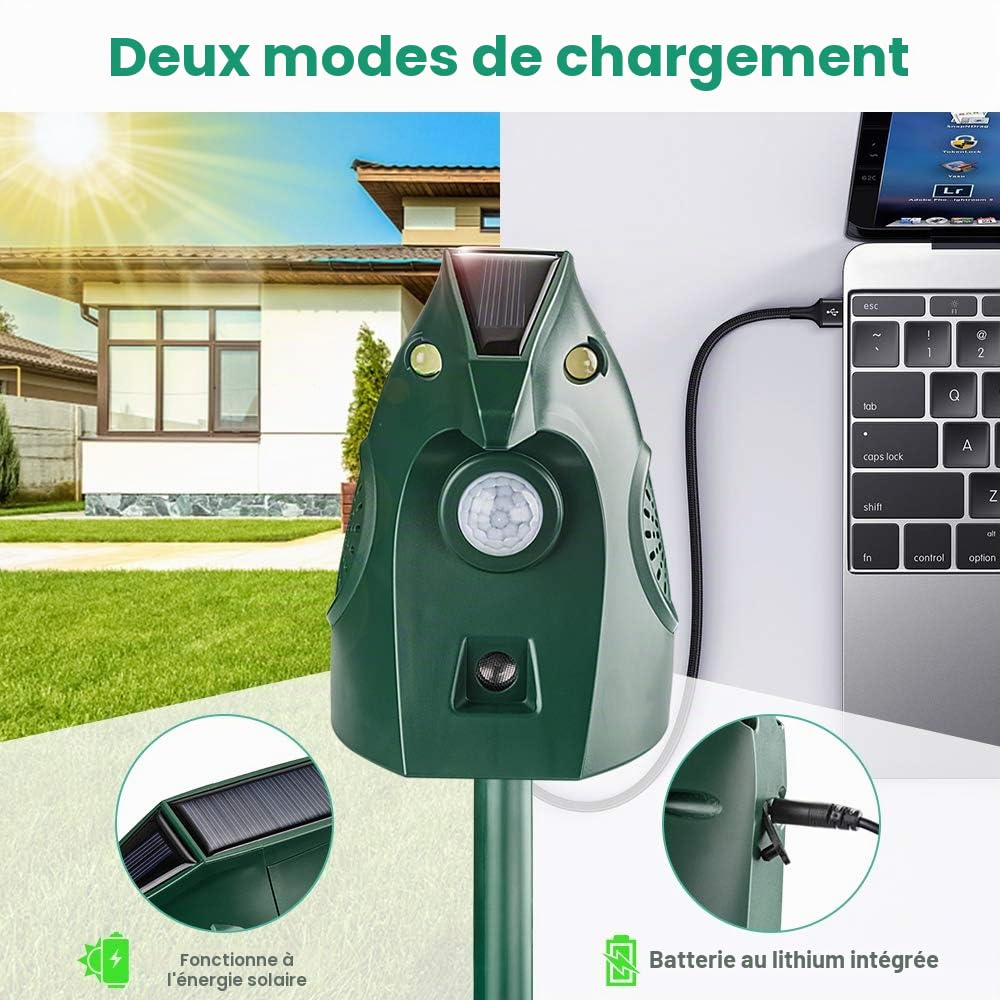 Répulsif Chat Extérieur, Repulsif Ultrason Chat Solaire Ultrason Anti Chat Chien, Charge de Solaire USB, Répulsif Chat Chien Jardin pour Chats, Oiseaux, Renard, Souris et Rat, Pigeon, Lapin