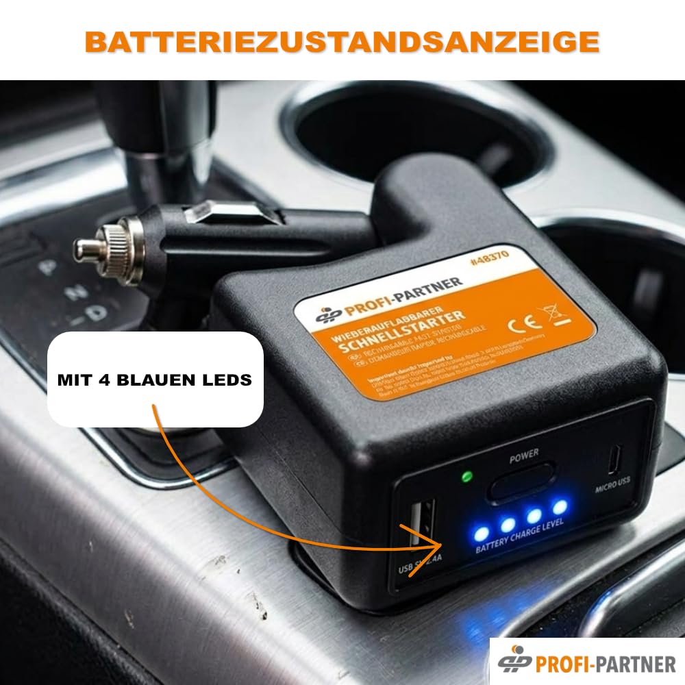 Kfz-Starthilfe, aufladbarer Schnellstarter mit USB-Powerbank | Laden über Zigarettenanzünder, 12-Volt-Anschluss, LED-Ladestandanzeige, Batterie-Booster in ca. 20 Minuten, saubere Hände