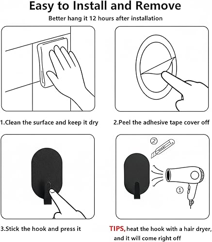 Miniatura 7 de Ganchos adhesivos de pared para colgar, paquete de 12 unidades, instalación sin taladro, ganchos extraíbles de acero inoxidable para baño, cocina,