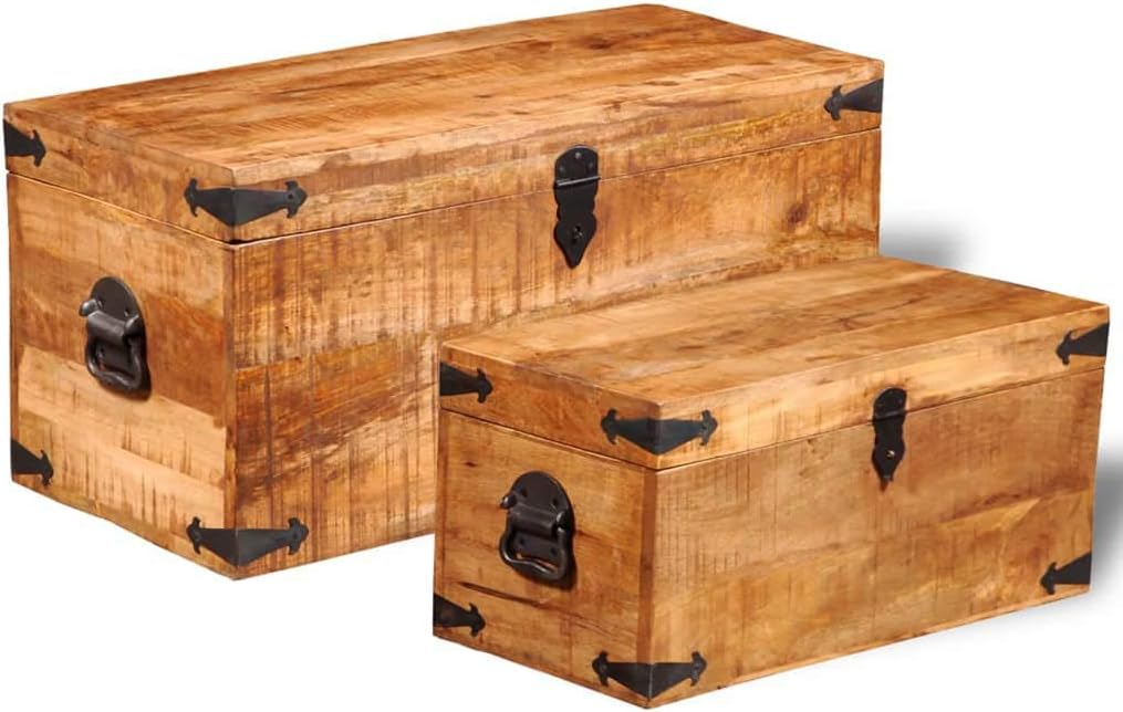 vidaXL Set of 2 Mango Wood Blanket Toy Storage Chests Boxes Trunks Home Decor