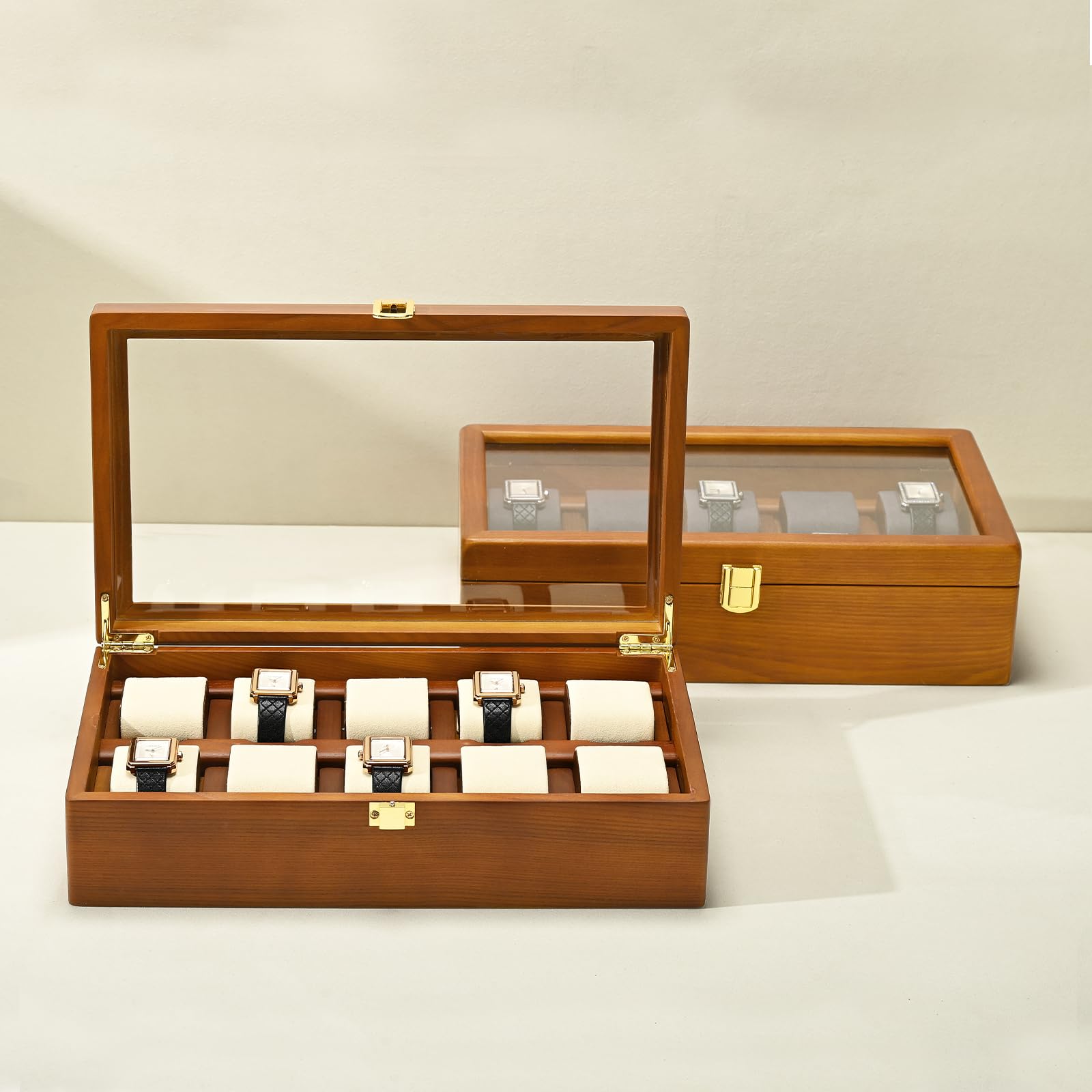 Oirlv Boîte De Montre En Bois Massif Organisateur Avec Couvercle 10 Montres De Stockage Boîte De Montre Avec Coussin Amovible,Rangement Montres(Blanc Crème)