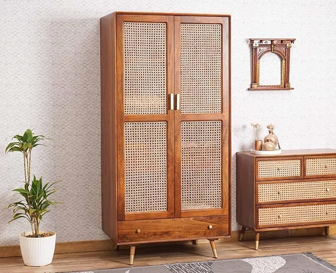 Image of Solid Wood Brown Finish Cane Wardrobe with Rattan Doors & Drawers | Almirah for Living Room, Dining Room, Bed Room & Guest Room| (H-Hony)