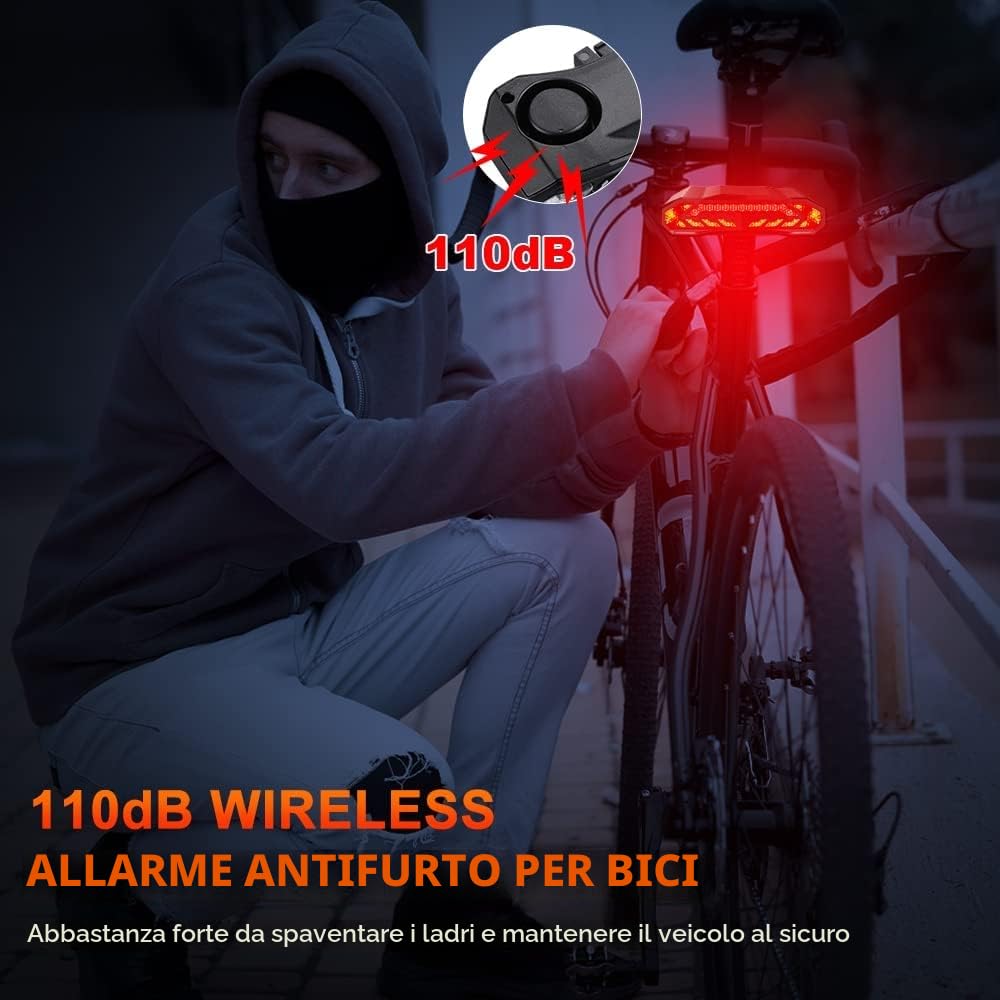 Luce Posteriore Intelligente per Bici con Indicatori di Direzione Automatici ON/OFF e Luce Freno, Ricaricabile USB-C, Campanello per Bici Telecomandato, Luce di Sicurezza Posteriore per Bicicletta
