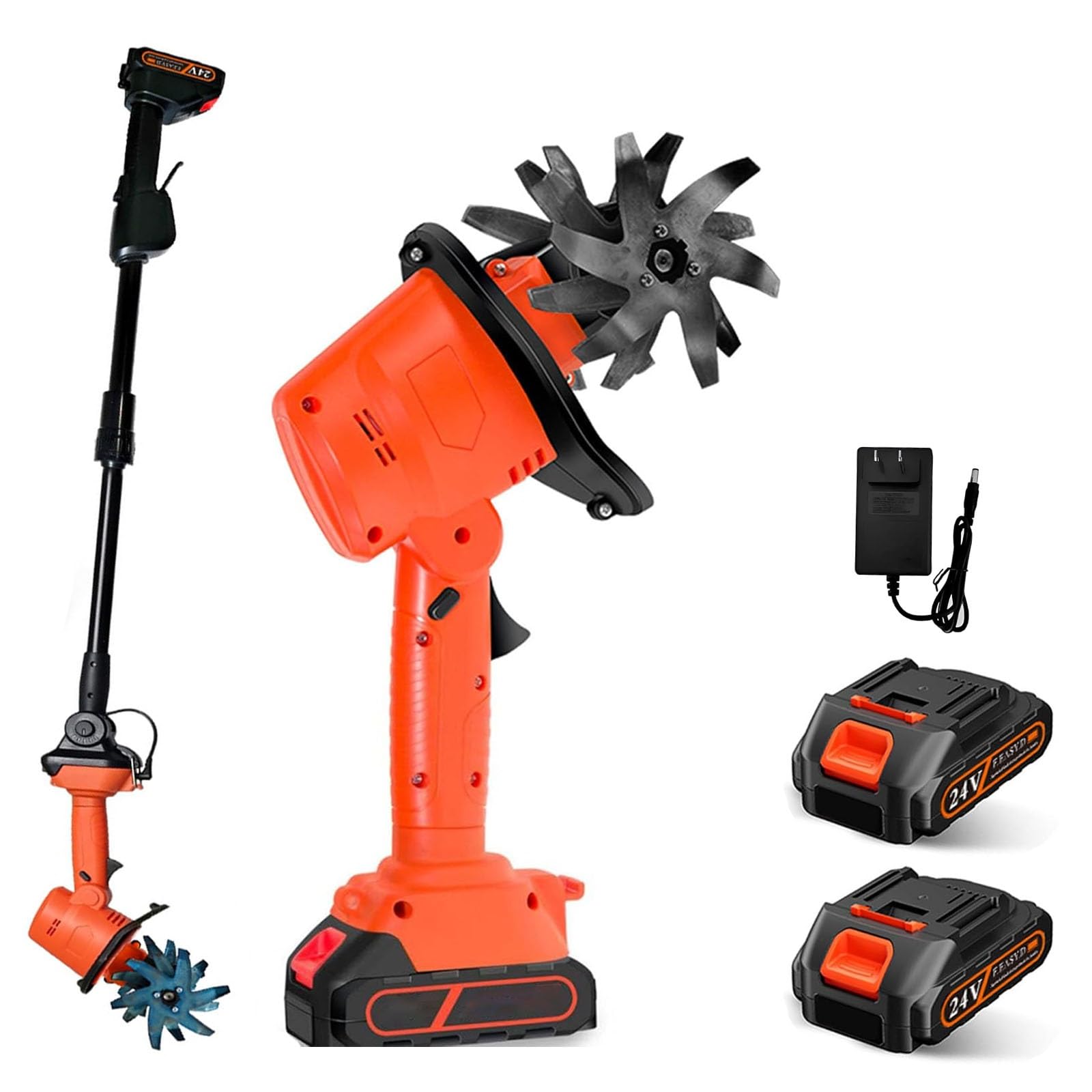 Motobineuse Électrique sans Fil 24V – Motoculteur Électrique avec 2 Batteries 1500mAh, 4 Lames Métalliques, Largeur et Profondeur de Travail 10 cm, 235 RPM – Idéal pour Potager, Jardin(B)