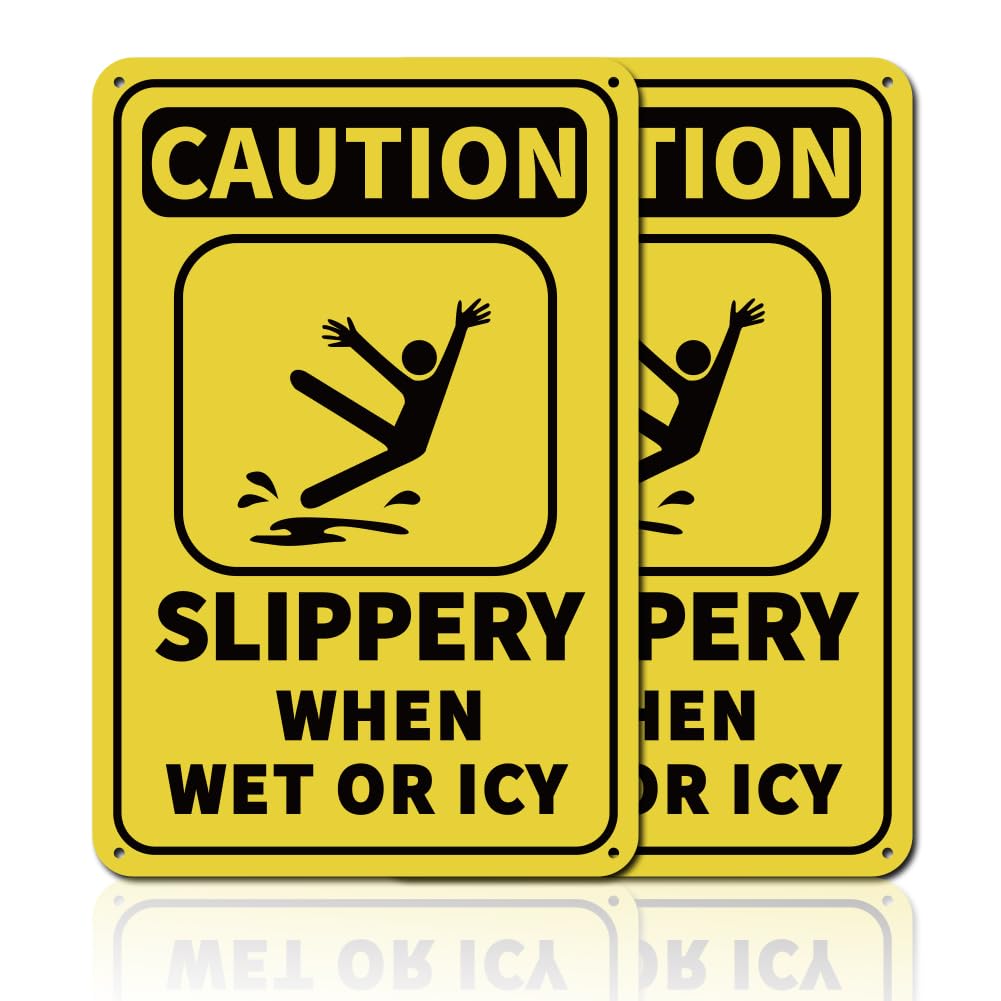 GLOBLELAND 2Pcs Caution Slippery When Wet or Icy Metal Sign 8x12inch 35 Mil Aluminum Warning Sign for Outdoor Areas Driveways Walkways Parking Lots Staircases UV Protected and Waterproof