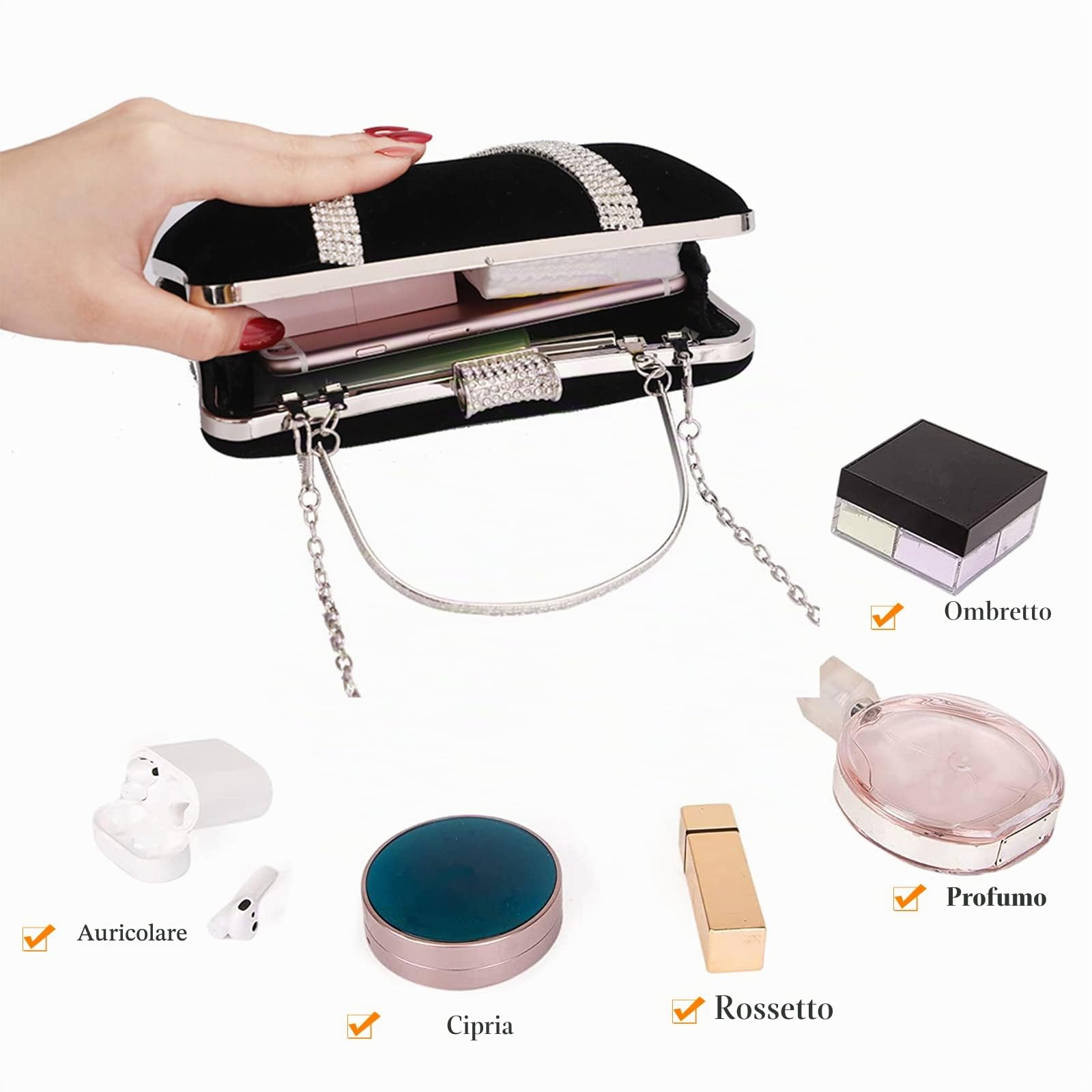 CORIOS Borsetta da Sera Donna Velluto Pochette Strass Cerimonia Clutch Borsa a Tracolla Borsa Sposa Pochette Piccolo con Catena Elegante Borse Messenger per Cocktail Festa Cerimonia Ballo Nero