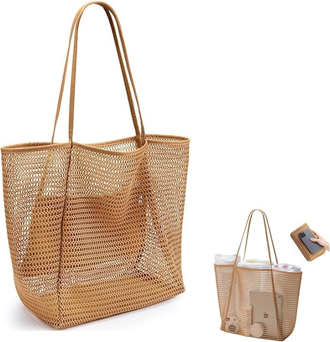 Foldable Mesh Beach Tote Bag, Single Shoulder Bag, Summer Outdoor Travel Bag, Shopping Bag, Women Soft Leather Weave Handbag Purse Wrist Bag Large Capacity Work Shopping Travel Daily.-image-24