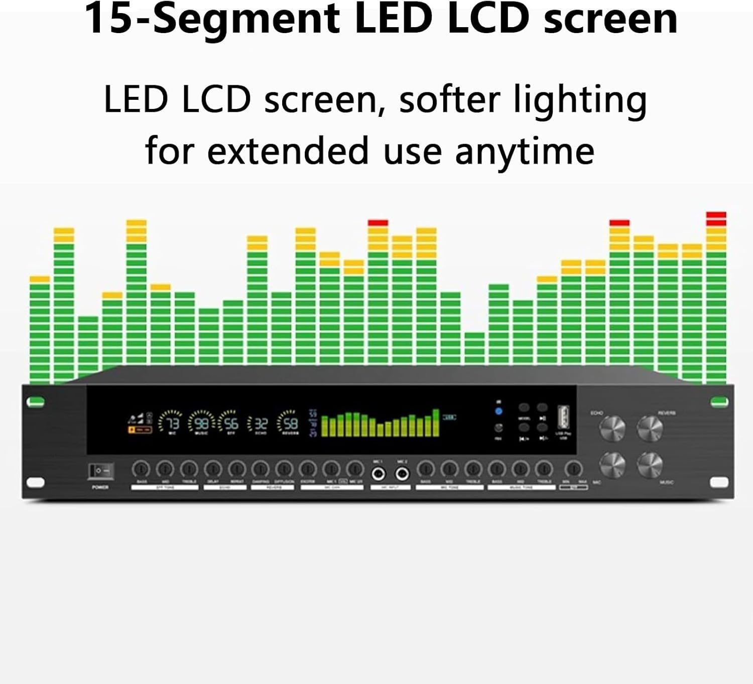 Ecualizador de espectro de 15 bandas, procesador de efectos digital de preamplificación, con pantalla LCD, mando a distancia, función anti-aullidos, capacidad de reproducción USB/Bluetooth, procesador