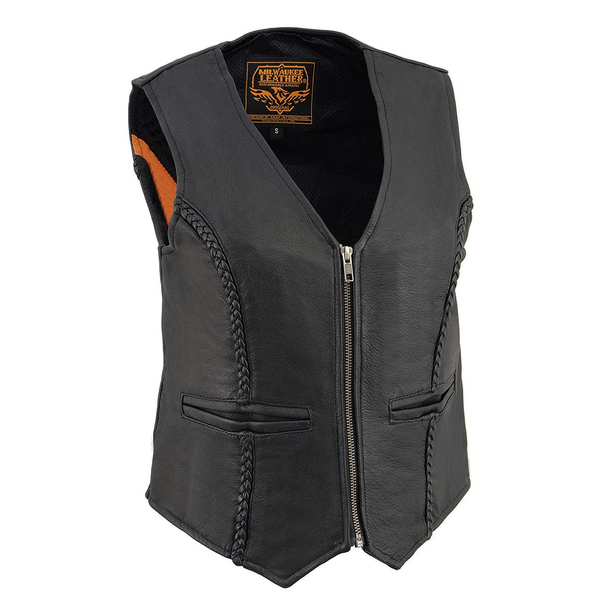 Milwaukee Leather MLL4550 Women's Black Premium Leather Classic Braided Deep V-Neck Motorcycle Rider Vest W/Front Zip - 5X-Large