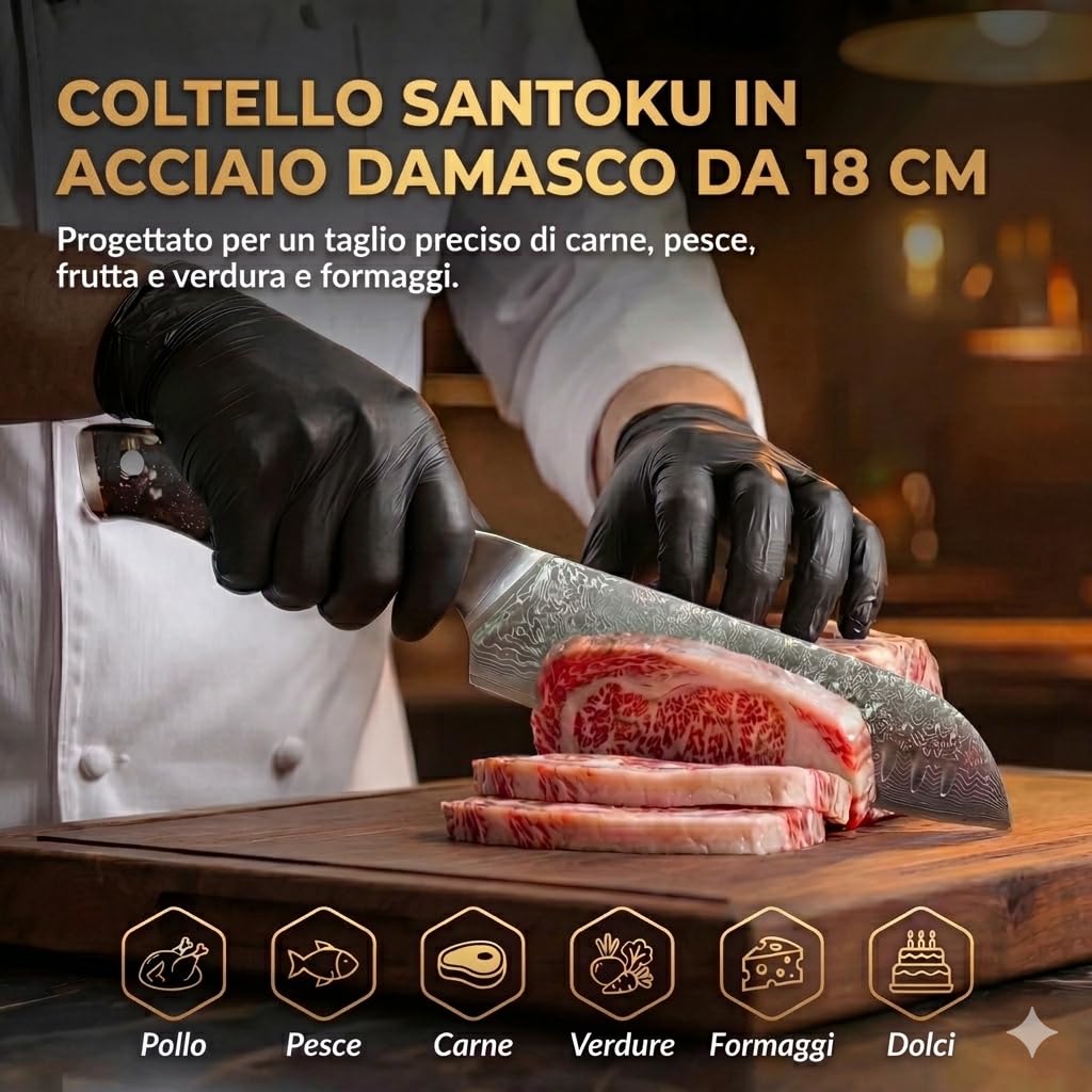 MIKORO Coltello Santoku Giapponese 18 cm, Lama Damasco a 67 Strati, Acciaio Inox ad Alto Tenore di Carbonio, Coltello da Cucina Ultra Affilato con Manico Ergonomico Nero.