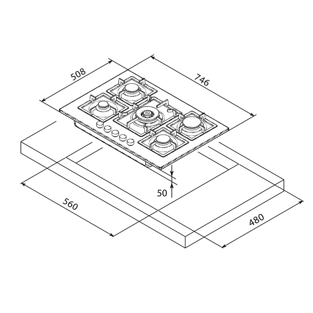 Plados FLAT 75 de 75 cm con 5 fuegos de gas (blanco leche)