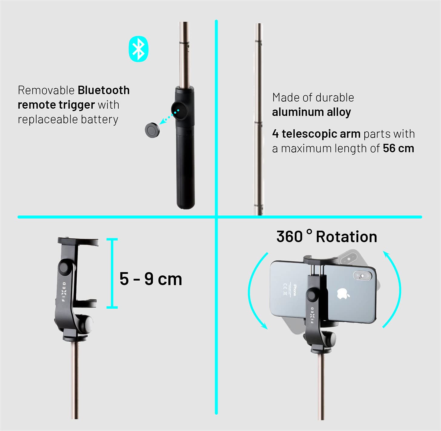 FIXED Snap Lite Selfie Stick – Treppiede per telefono con grilletto wireless – Asta telescopica in lega di alluminio 56 cm con testa girevole a 360 gradi – Ideale per vacanze, viaggi