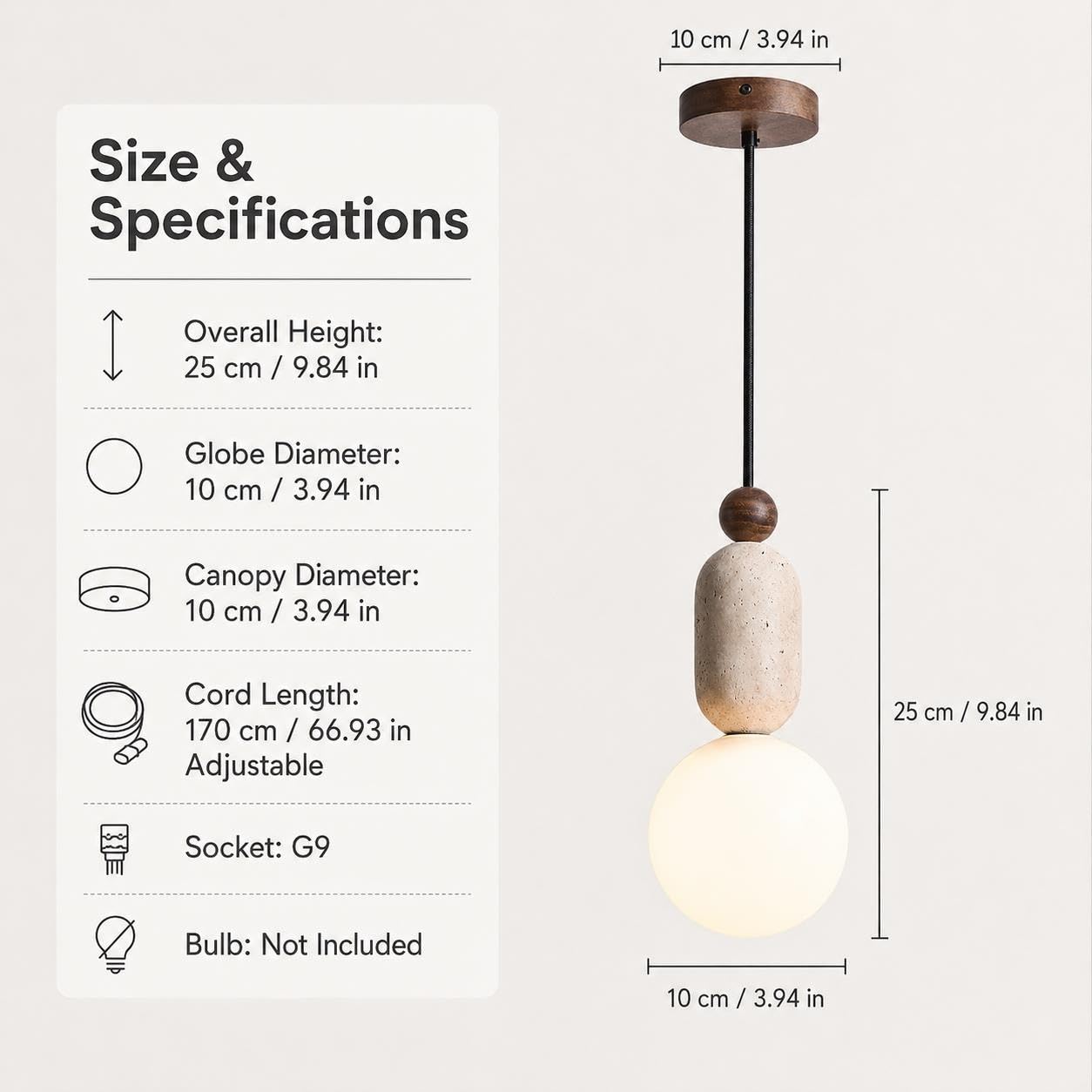 Lampada a sospensione in travertino naturale con paralume a sfera in vetro