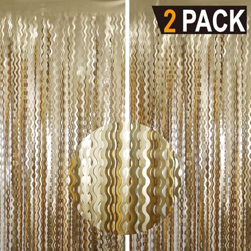 Image of GOER Metallic Tinsel Foil Fringe Curtains Party Photo Backdrop Party Streamers for Birthday,Graduation,New Year Eve Decorations Wedding Decor (Champagne Gold,2 Packs)