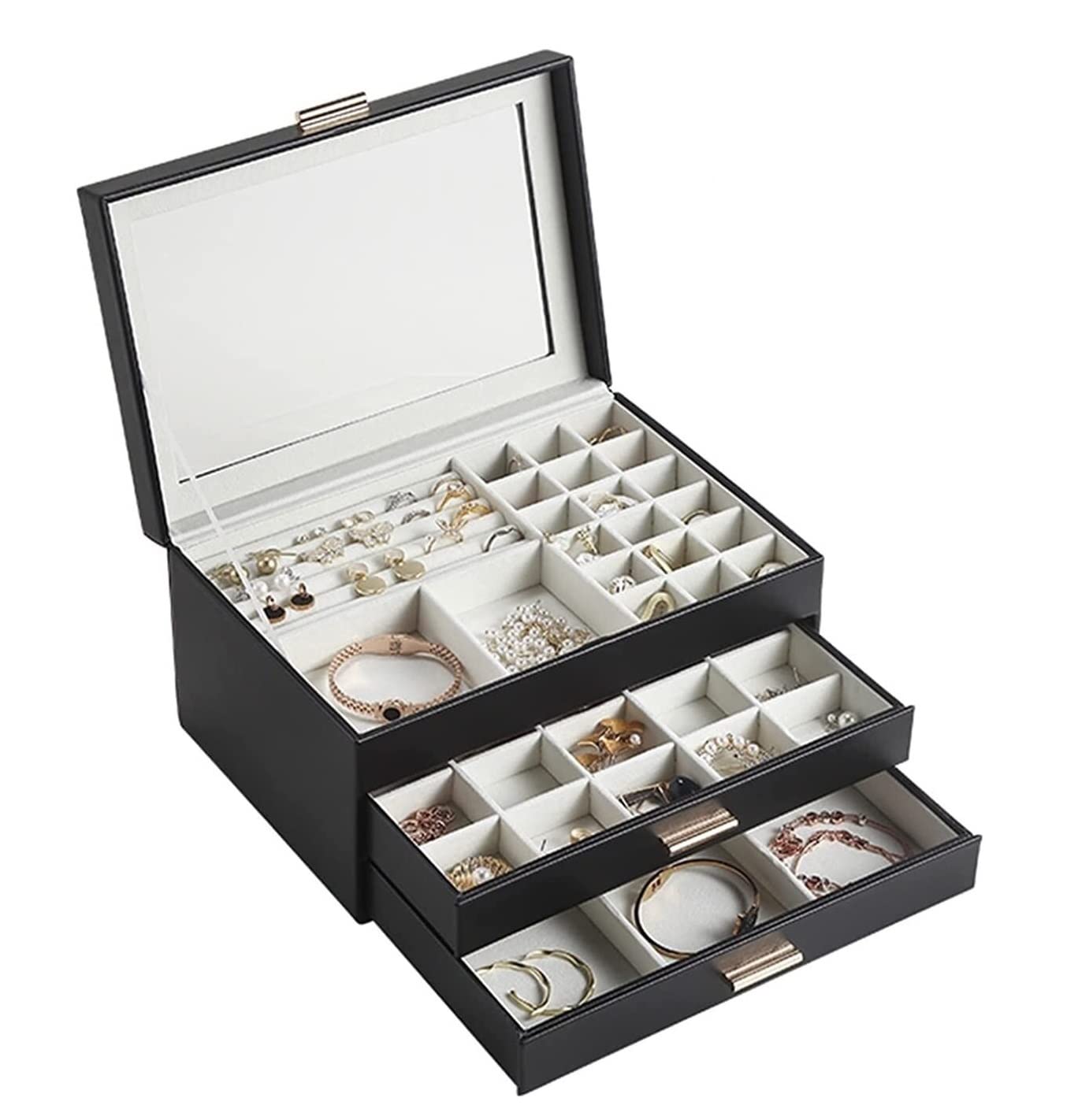 TIANQIHAO Jewelry Box Jewelry Storage Box With Clear Flip Lid Double Layer Drawer Organizer For Earrings Ring Necklace Display Jewelry Box Jewellry Holder,Black-26.5 * 18 * 13.5cm