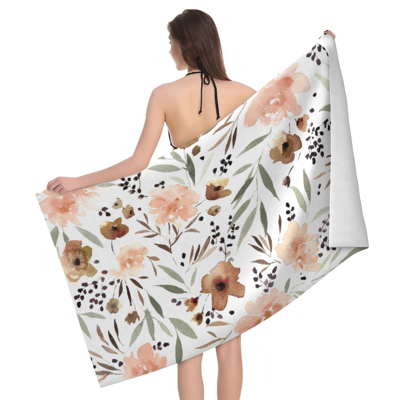Lawenp Watercolor Flower Beach Towel, Lightweight Sand Free Quick Dry Microfiber Absorbent Bath Towel for Kids, Adults, Swimming, Bath, Yoga, Pool, Travel, Camping 32"X52"