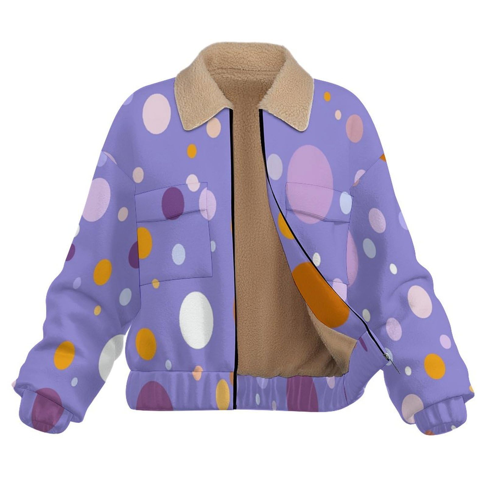 Giacca in Pile da Donna con Chiusura Lampo su Tutta la Lunghezza, Colletto Revers, Cappotto Cerchio Polka Calda Invernale con Tasche, per Escursioni e Tempo Libero