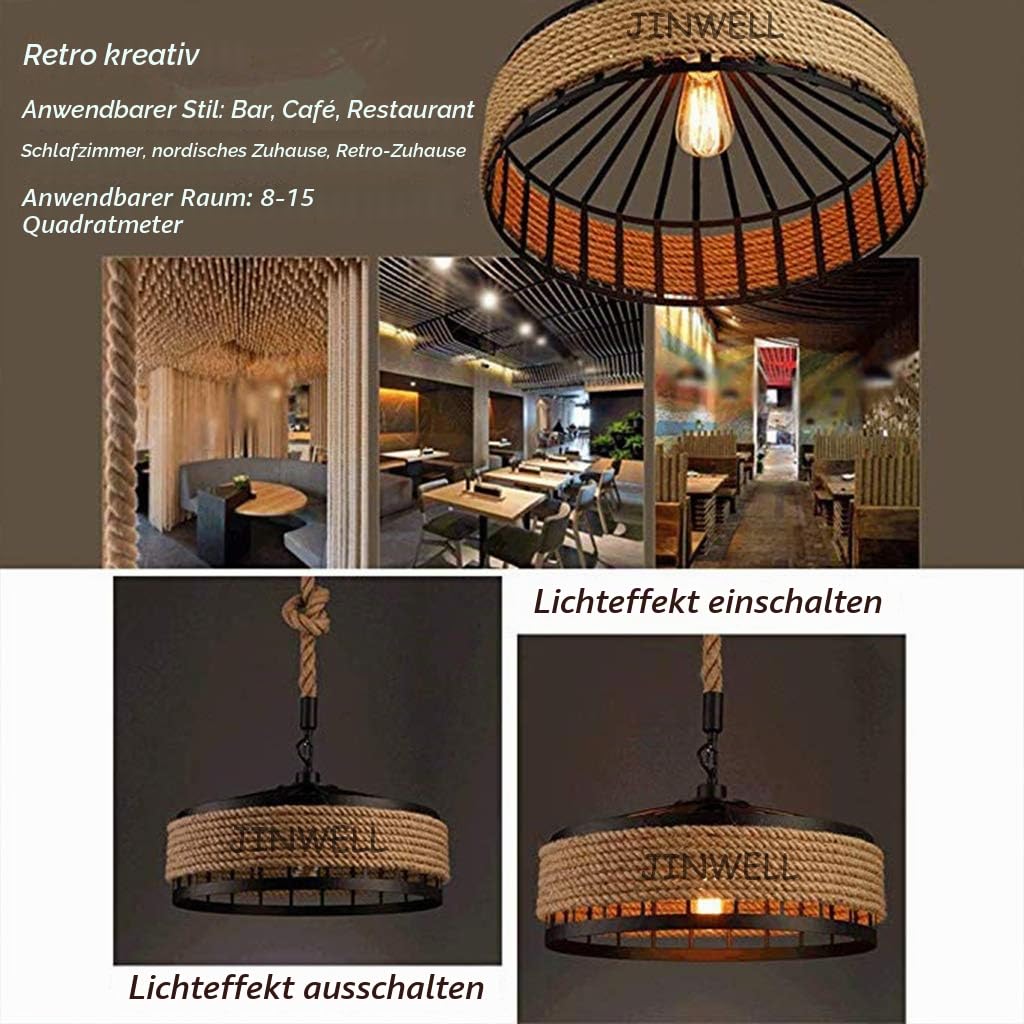 Vintage Hängelampe Seilampe Pendelleuchte E27 Retro Industrie Pendellampe Loft Kronleuchter Rustikal Hanfseil Eisen Leuchter Wohnzimmelamp Runde Hängend Eisen Esszimmer Käfig Café Deckenlampe