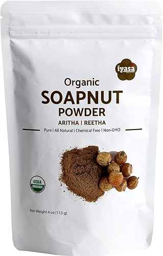 Iyasa Holistics Polvo de soapnut orgánico, paquete de prueba de 4 onzas, Aritha, Reetha, Sapindus Mukorossi, champú y acondicionador natural para la