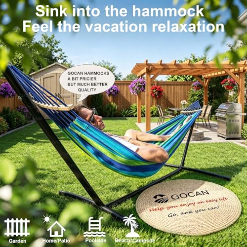 Image of GOCAN Double Hammock 2 Person Extra Large 220x160cm Total Length 330cm Load 500lb Canvas Cotton Hammock for Patio Porch Garden Backyard Lounging Outdoor and Indoor with Removable Spreader bar