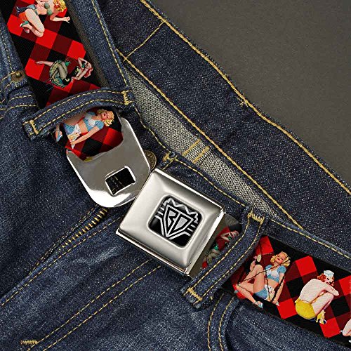 Buckle-Down Unisex-Adult's Seatbelt Belt Regular, Pin Up Girl Poses Buffalo Plaid Blocks Black/Red, 1.5" Wide-24-38 Inches #TOP1