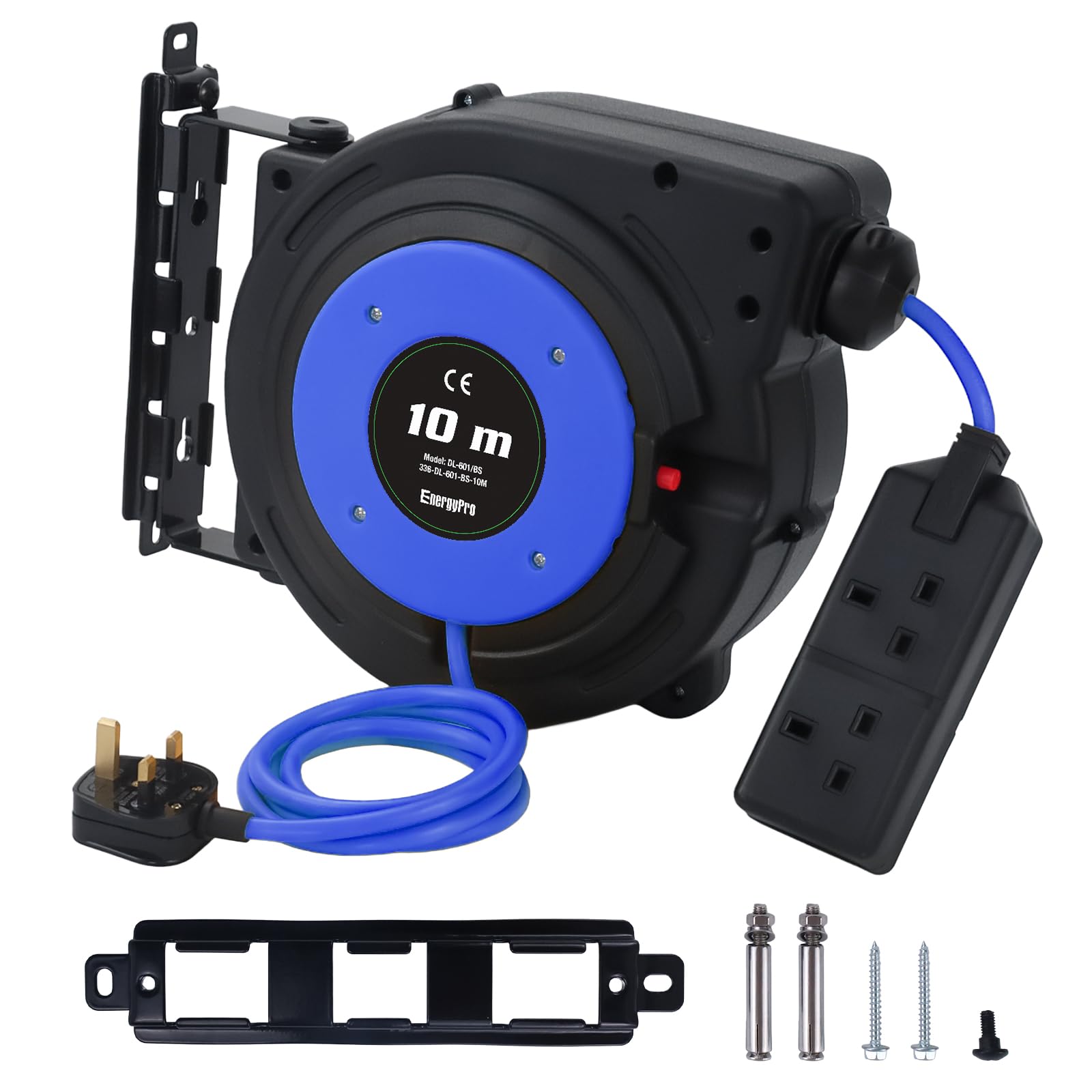 EnergyPro 10 Metre Automatic Retractable Extension Cable Reel with UK BS1363 Plug, 2300W 230V, Overload Protection, Mountable for Garden, Workshop and Home Use