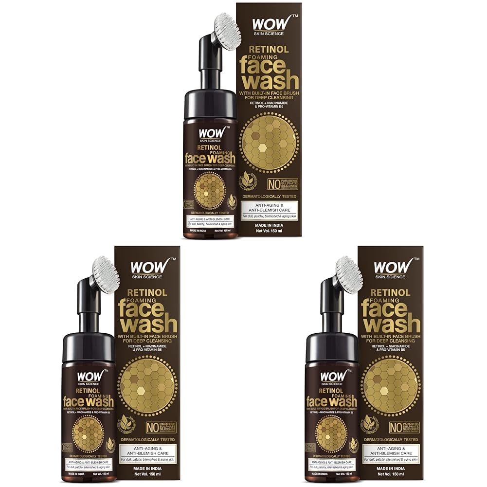 WOW Skin Science Retinol Yüz Temizleme Köpüğü ve Dahili Fırça-İnce Çizgiler, Lekeler Bakım Yüzde Doksan Sekiz, Bir Doğal İçerik Vegan 150ml (3 paketi)