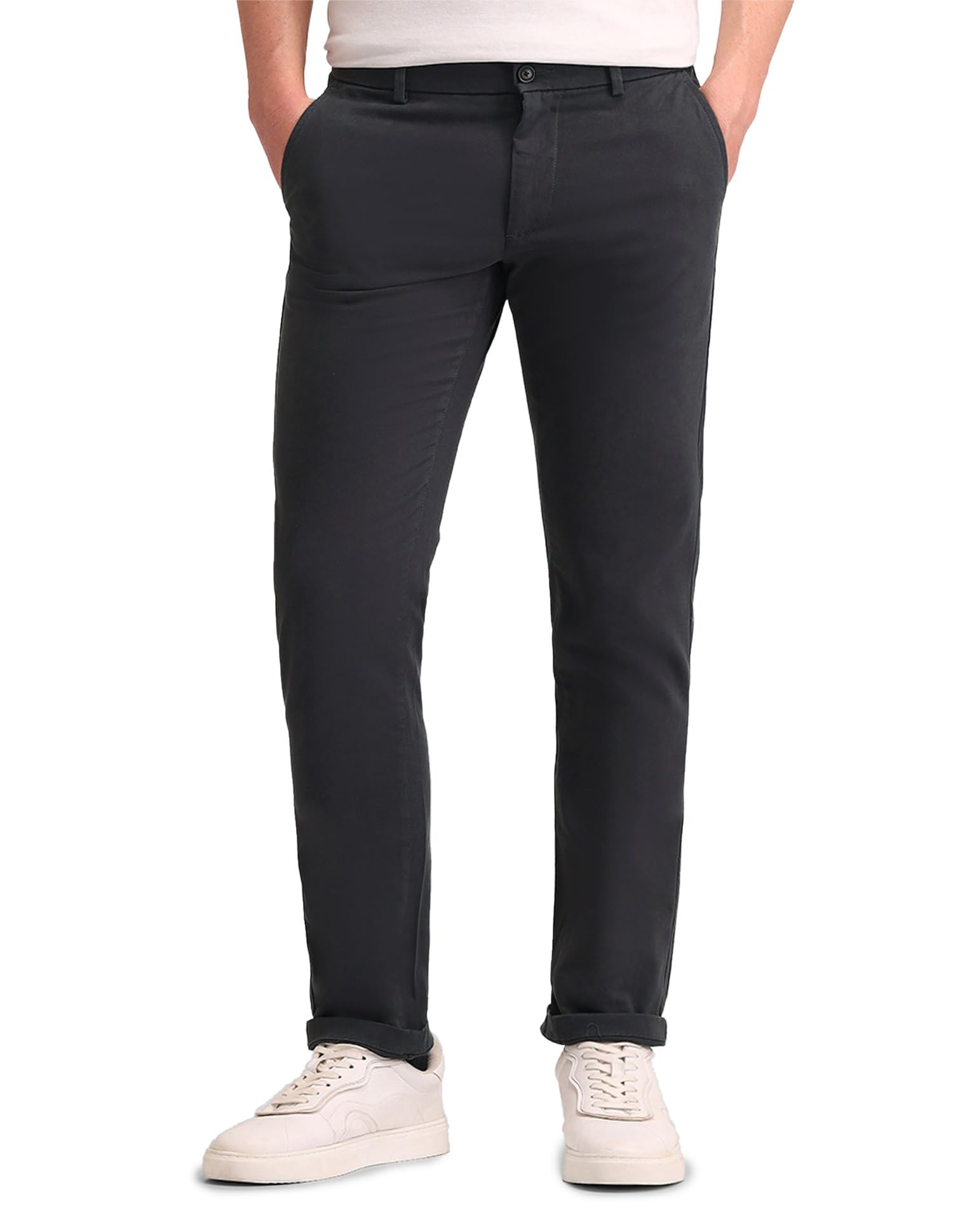 arrow sports Mens Grey Solid Mid Rise Acrylic Button Slim Fit Flat Front Slant Pocket Casual Pants-picture-34