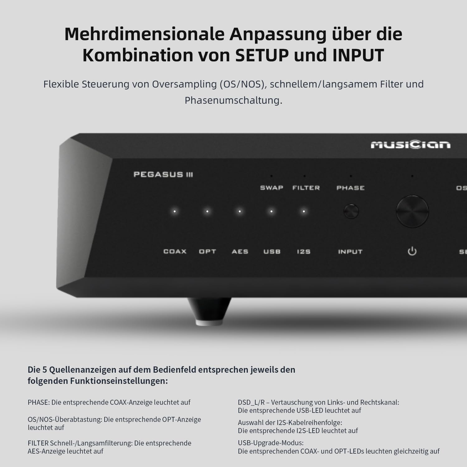 Musician Pegasus III R2R DAC, DSD1024 PCM1536kHz Decoder, USB/Opt/Coax/AES/IIS-Eingang, RCA/XLR-Ausgang, symmetrischer Digital-Analog-Audio-Konverter (Silber)