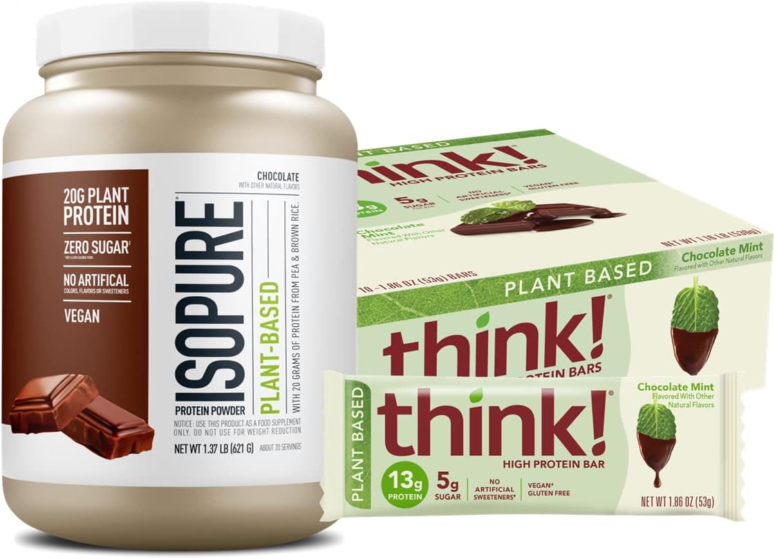 Plant Protein Bundle- Isopure Plant Protein Powder, Chocolate- 20G Vegan Protein- (20 Servings) with think! Plant Protein Bars, Chocolate Mint- 13G Vegan Protein- (10 bars)