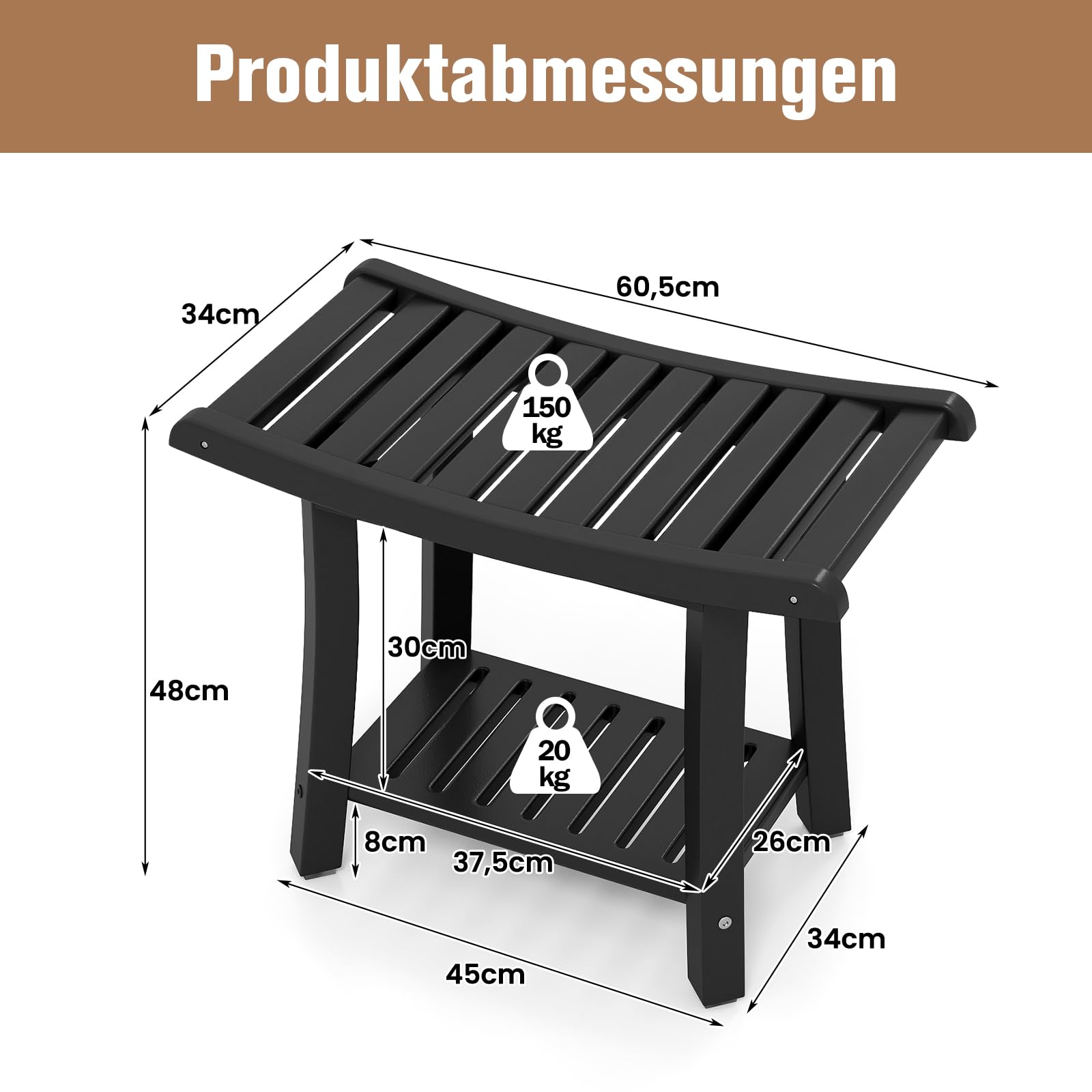 COSTWAY Duschbank Bad, Sitzbank mit Ablage, Badhocker 170 kg belastbar, Badezimmerbank Duschstuhl, Duschhocker für Erwachsene, Senioren, 60,5 x 34 x 48 cm (Schwarz)