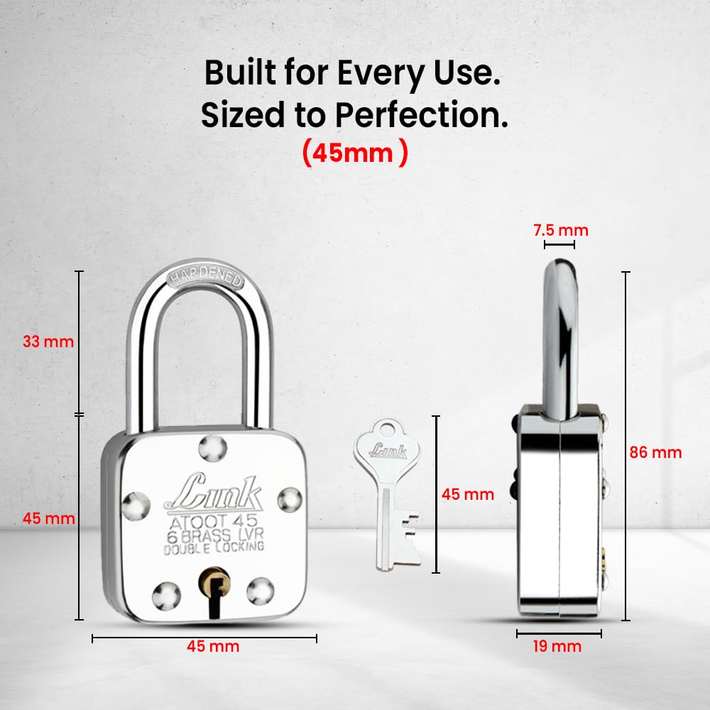 Link® Atoot 45mm Long Shackle Lock | Steel Body | Hardened Shackle | 6 Brass Levers | Made in India | 1 Padlock 3 Silver Key 2