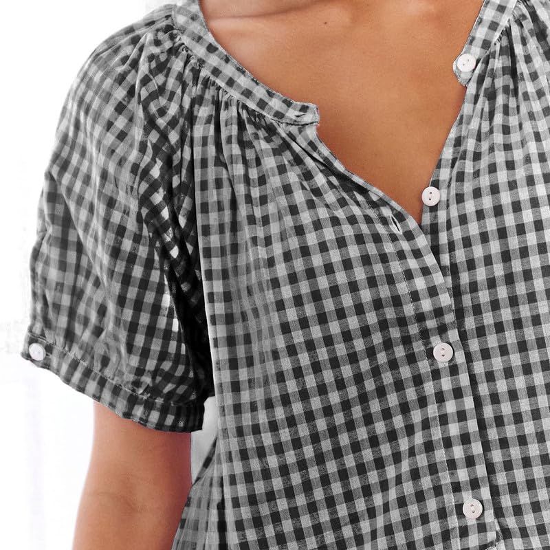 Image of Argeousgor Women Plaid 2 Piece Pajama Set Button Down Puff Sleeve Babydoll Shirt Gingham Pants Pj Lounge Set Sleepwear