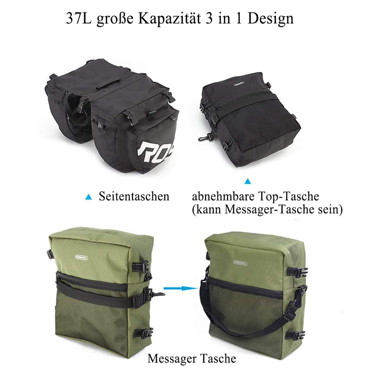 TentHome Gepäcktaschen für Fahrrad Gepäckträgertasche Fahrradtasche Satteltasche Doppeltasche Multifunktions 3 in 1 Radtasche Outdoor Cycling Schwarz | Satteltasche Multifunctional 3 in 1 Radtasche Outdoor Cycling Schwarz
