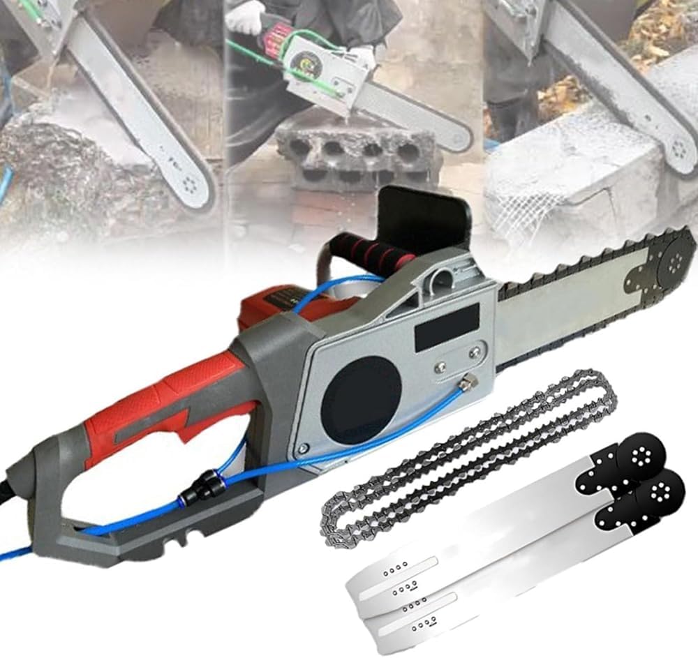 SENJINGHUA Handheld Brushless Concrete Chainsaw w/Water Fed Dust Suppression - Diamond Chain Cutter for Granite & Reinforced Concrete, Includes 2 Chains & 2 Guide Bars(Size:Depth48cm)