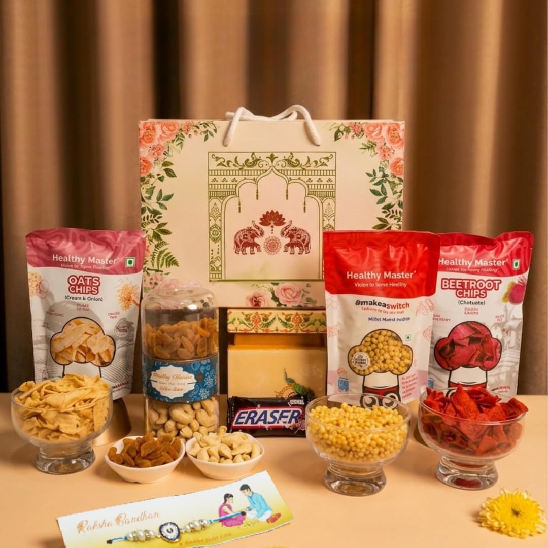 Healthy Master Box of 9 | Rishton Ki Mithas | Gift for Brother| Gift Hampers | Healthy snacks| Chips, Pudina snacks, Dry fruits, Jar, Eraser, kumkum chawal, Rakhi | Rakhi Gift Hamper-image-48