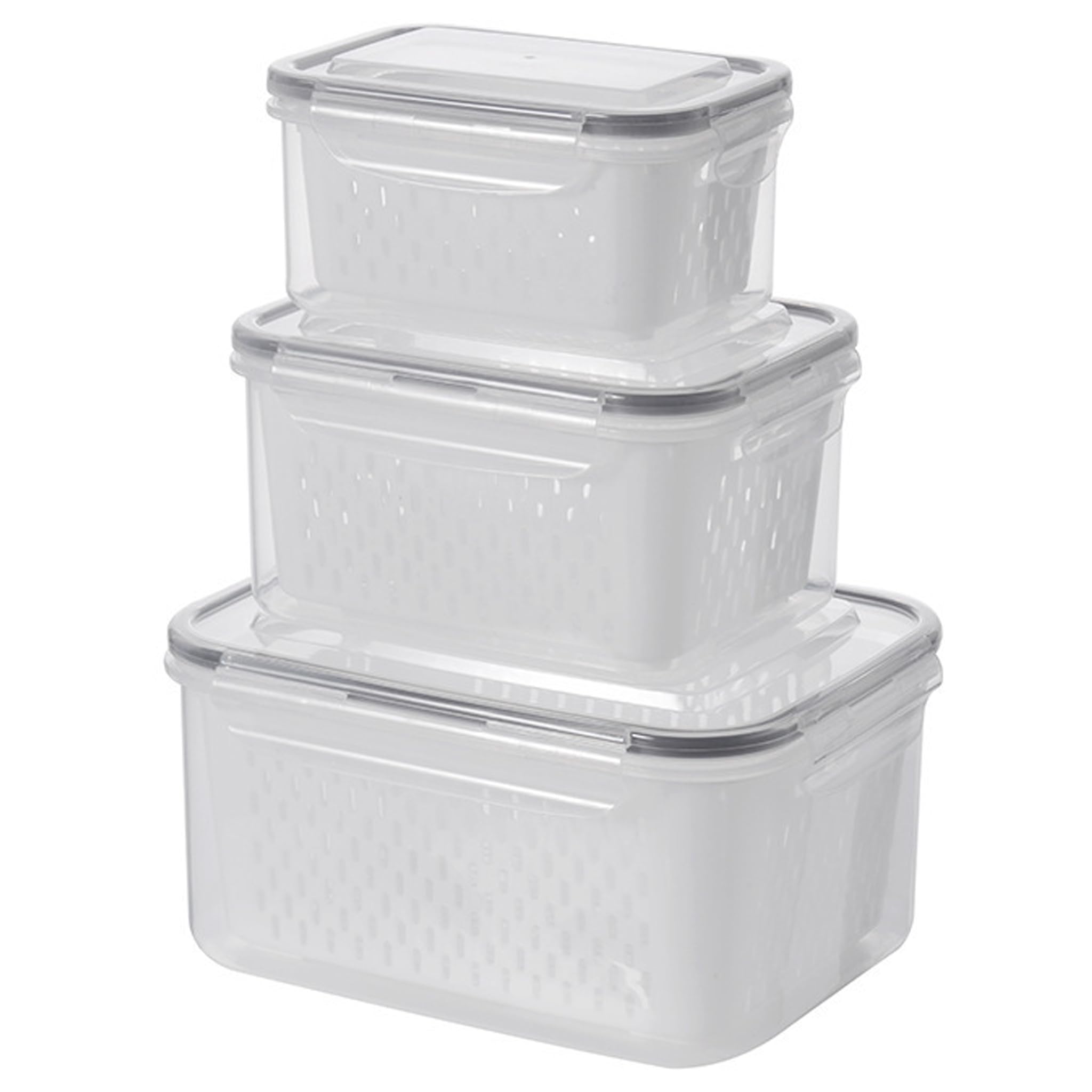 Ginwrek produce storage containers for fridge Fruit Containers for Fridge Keep Fresh, 3-Piece Produce Storage for with Drain Baskets, Airtight Food Boxes, Gray (S+m+l)