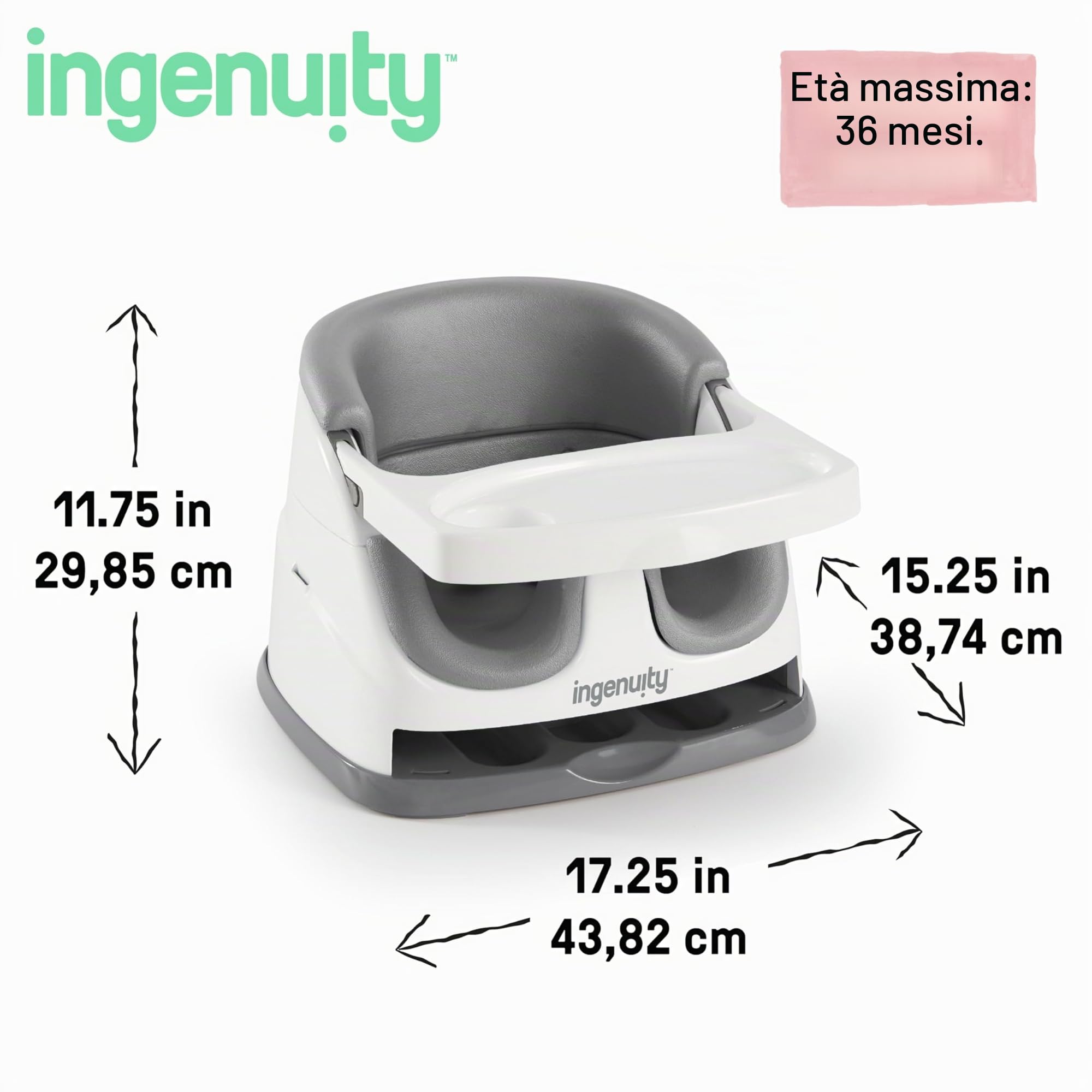 Ingenuity Baby Base 2-in-1 Rialzo da Sedia e Seggiolino per alimentazione con vassoio autoportante - Ardesia