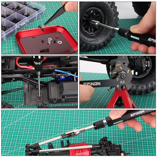 EPINON RC Car Repair Work Stand Repair Tool Set 360 Degree Rotation and 520 Pcs RC Screws Kit and RC Screwdrivers and Screws Pallet for 1/8 1/10 1/12 1/16 1/18 RC Car Crawler Truck Buggy (Black)