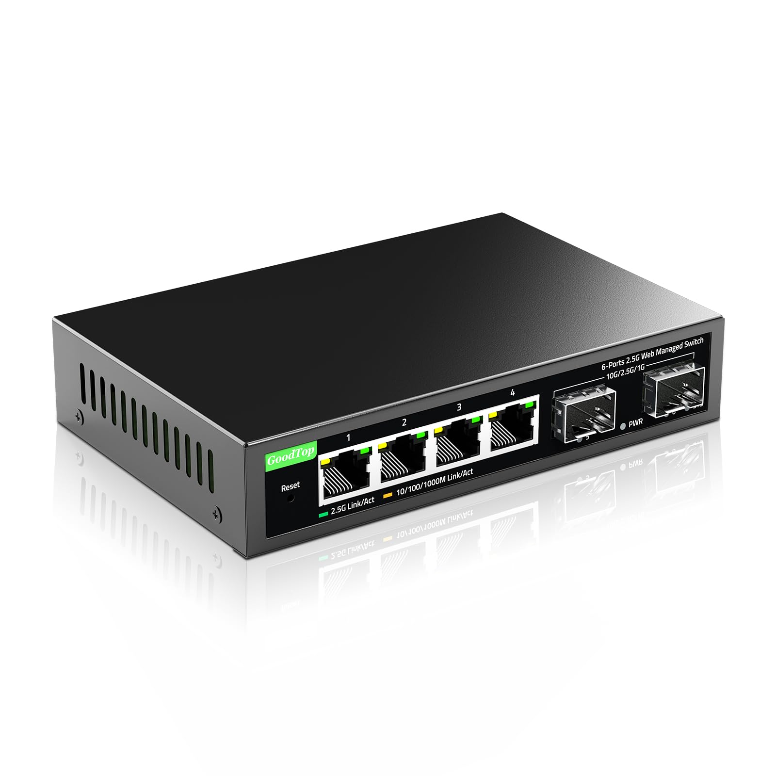 GoodTop 6 Port 2.5Gb Managed Switch,4 x 2.5GbE Ports,2 x 10G SFP+,2.5G Switch Web Managed with Static Link Aggregation/VLAN/QOS, Metal Fanless Home Lab Network Switch