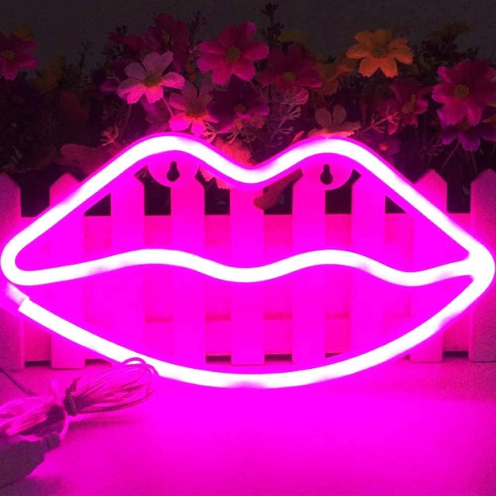 LED Neon Sign Night Light, Battery and USB Powered Signs Neon Lamp Decorative Neon Sign wall Lamp(Lips, Pink)