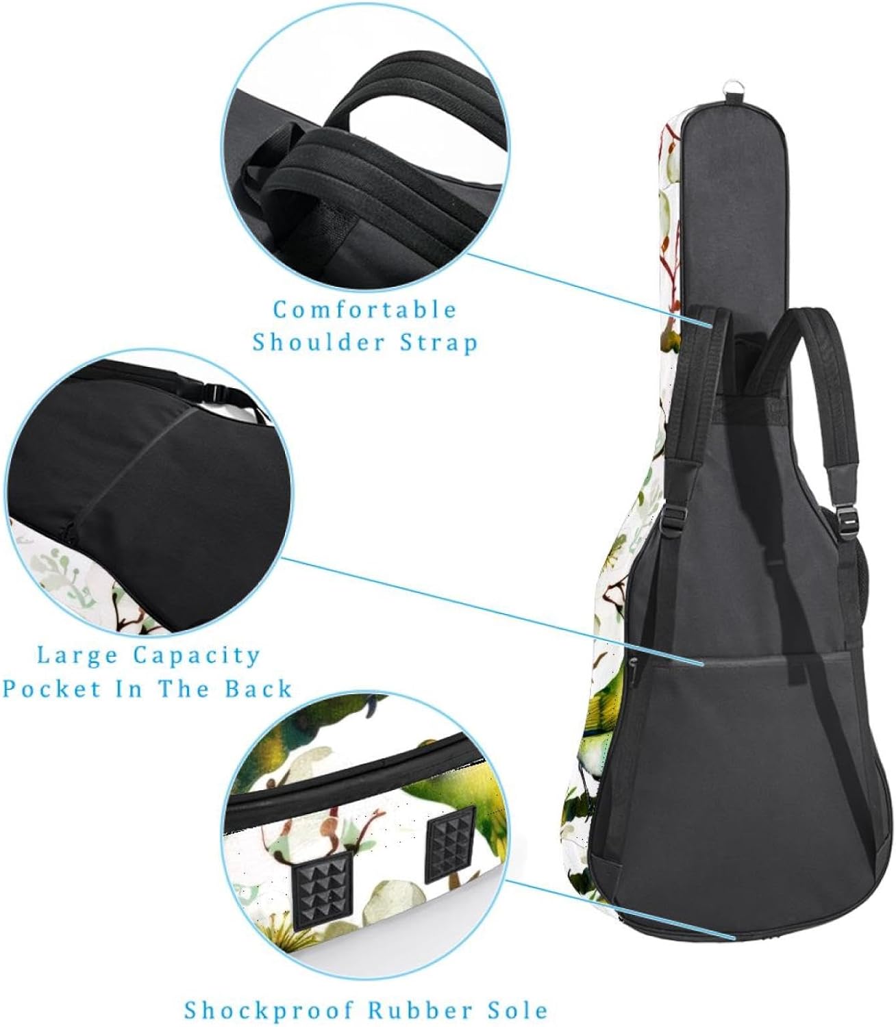 Acoustic Guitar Bag 0.4 Inch Thick Padding Waterproof Guitar Case Gig Bag for 40 41 42 Inch Electric Bass Classical Guitar, Green Bird Butterflies on Floral Branches