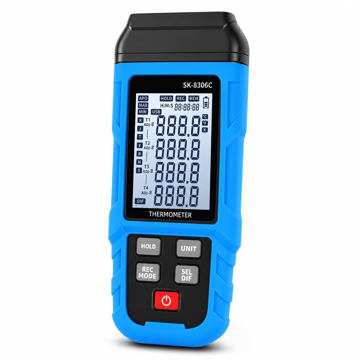 Elprico Thermomètre à Thermocouple Numérique, Enregistreur de Données de Compteur de Température de Type K J à 4 Canaux avec Stockage Bluetooth USB 5999, pour Industriel (SK-8306C Quad-Canal)