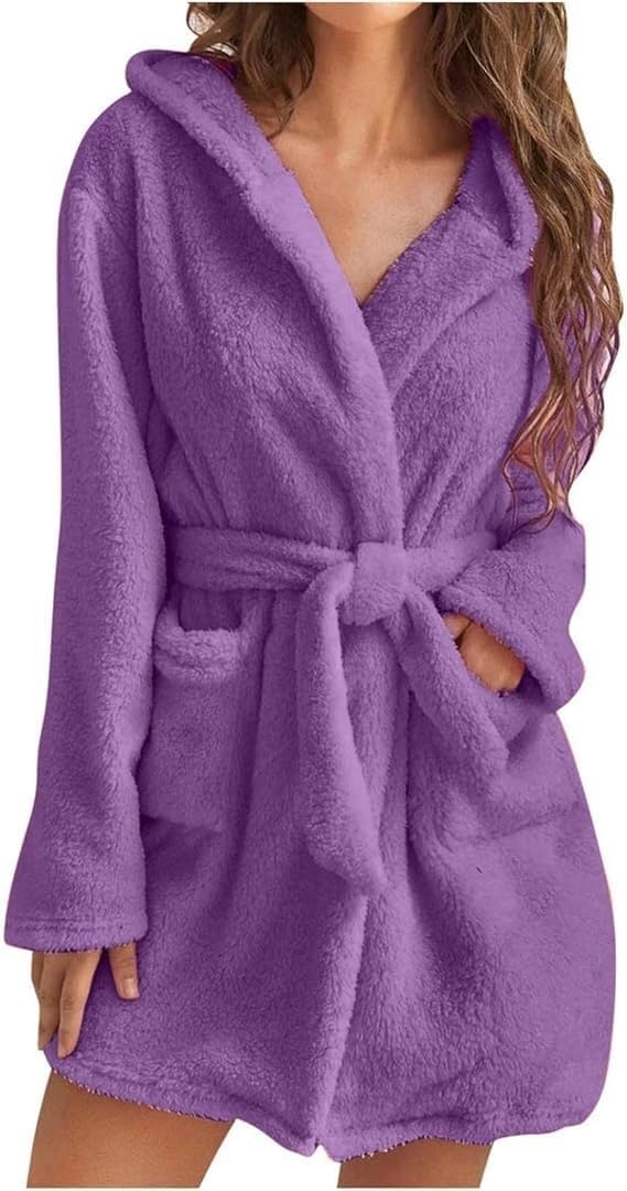Accappatoio da donna sfocato, di media lunghezza, con cintura, con tasche, per autunno e inverno, caldo e accogliente con cappuccio (viola, S)
