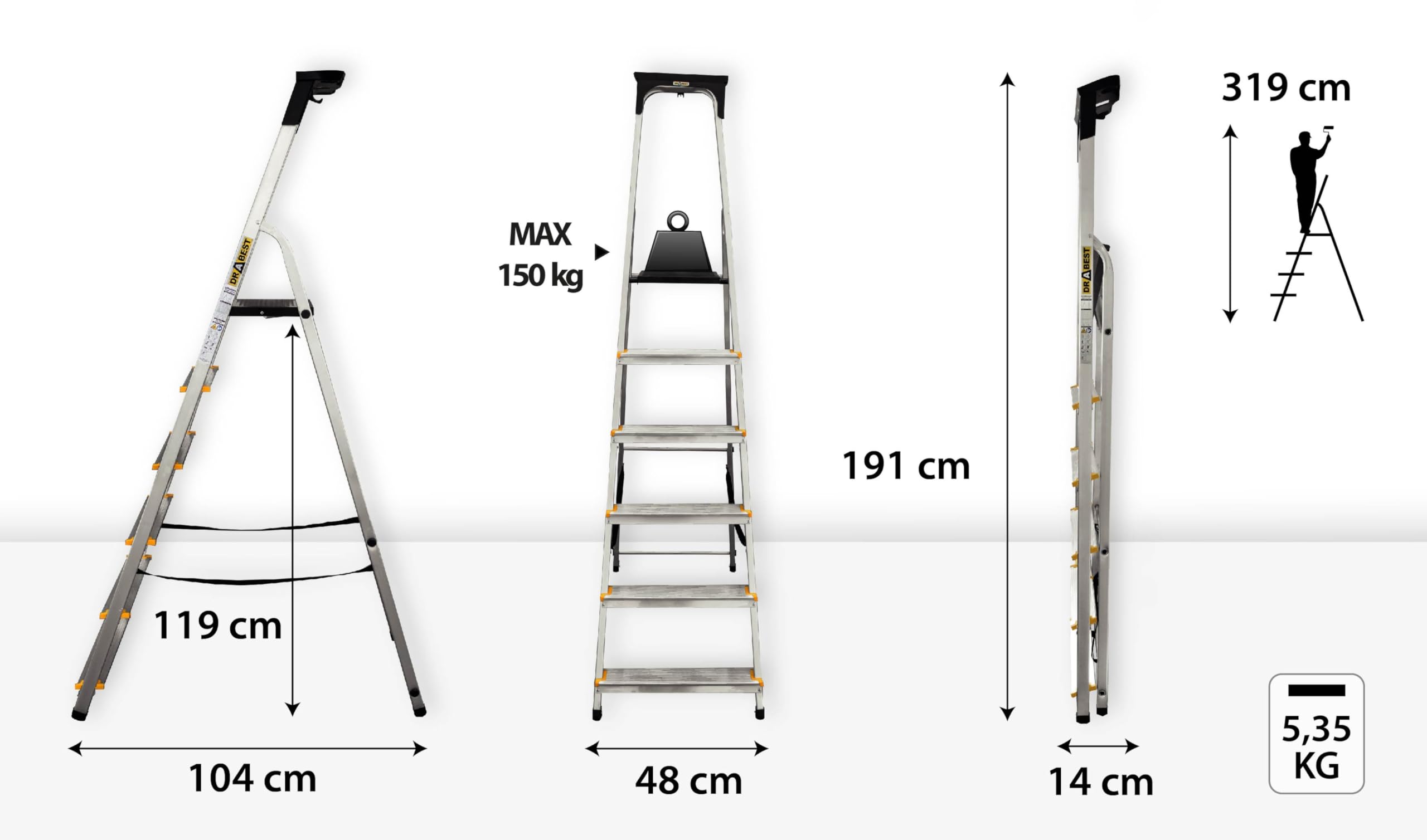 DRABEST Scaletta Domestica a 6 Gradini 150kg - Scaletta in Alluminio con Piedini Antiscivolo e Piattaforma per Scale da Lavoro - Fornita con Ripiano per Attrezzi - 48x191x12cm