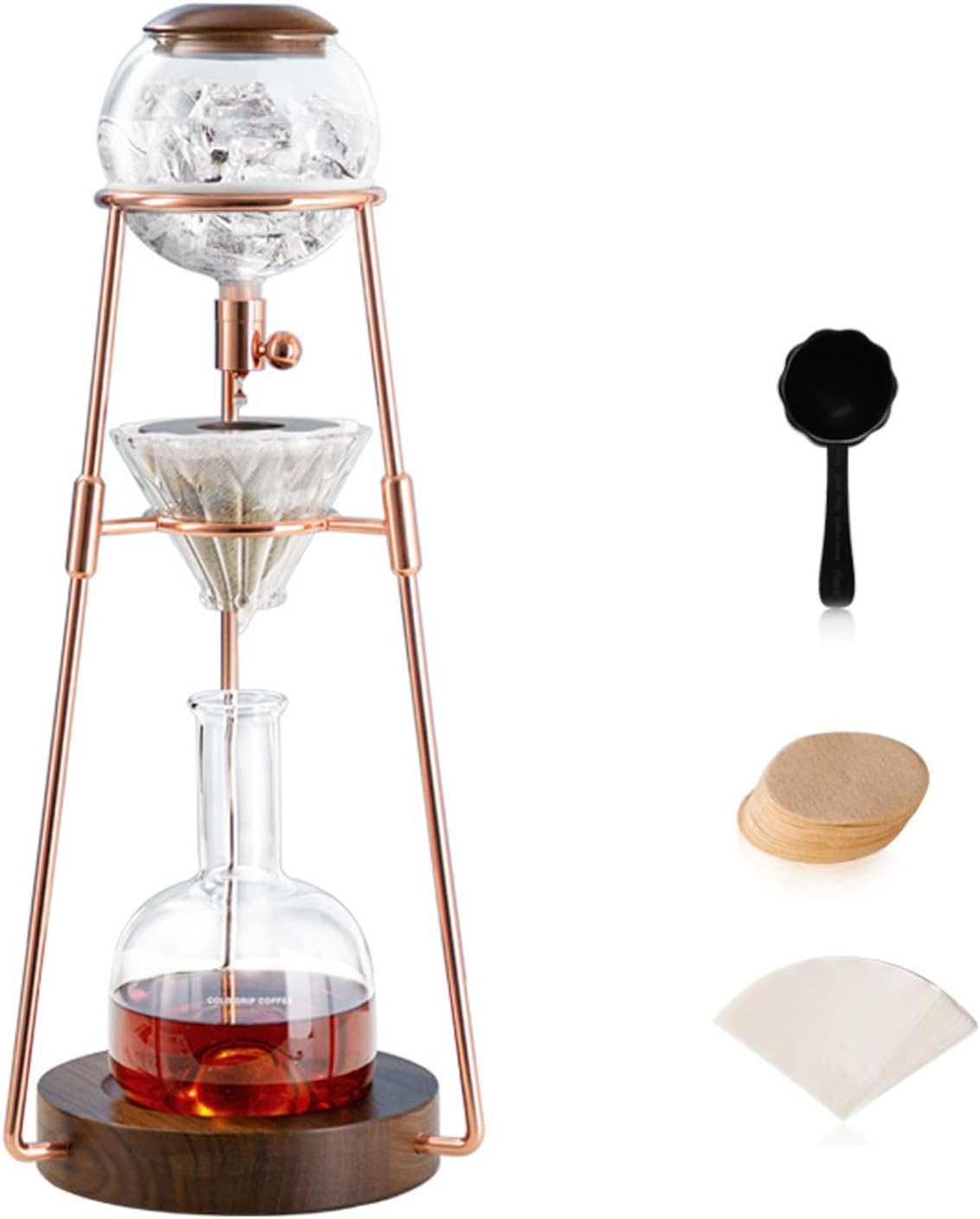 Hand Ice Drip Coffee Maker, Ice Coffee Tower Set with Drippin, Stainless Steel Stand & Solid Wood Base, 2-5 Cups (500ml), for Making Cold Brew Tea & Coffee at Home/Coffee Shops/Cafes/Offices